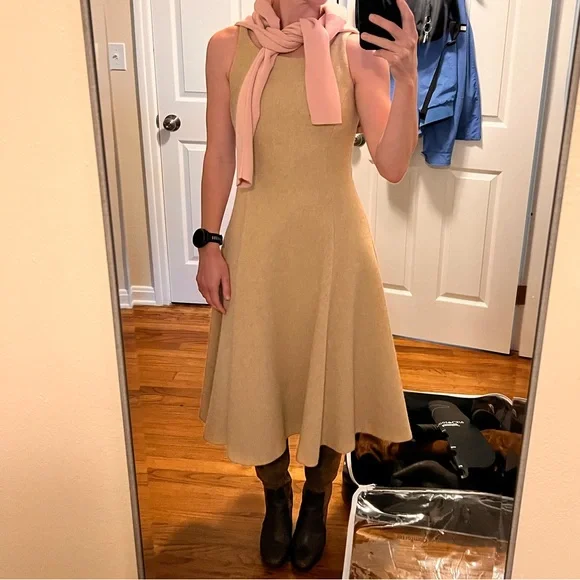 Ralph Lauren Black Label 100% Wool Sleeveless Midi Dress Made in Italy Tan US 4